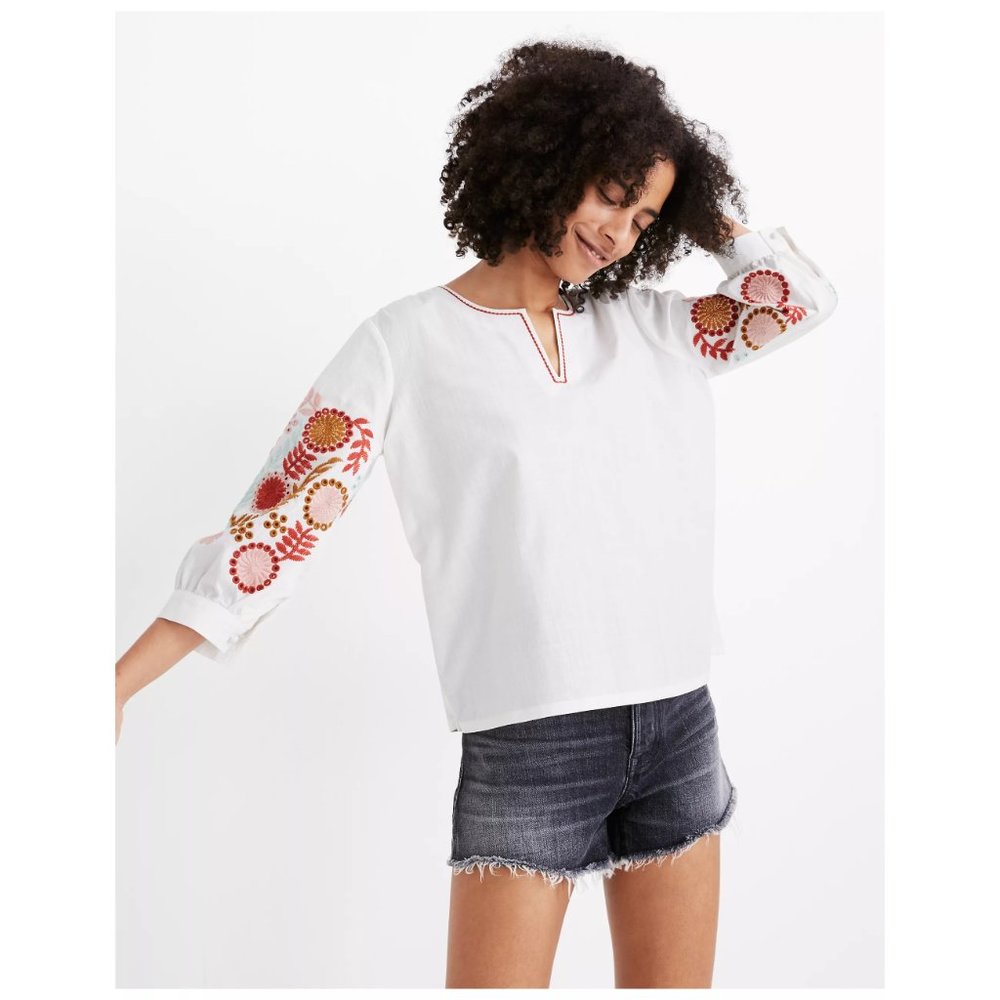 Embroidered-Sleeve Popover Top - Size XXS
